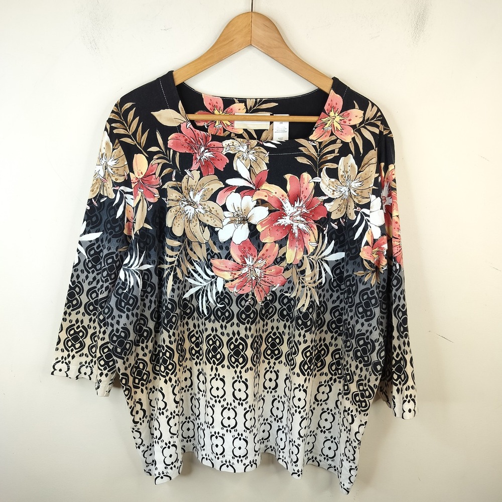 Alfred Dunner Floral Top 2X Rhinestone Embellished Casual Black Pink Tee